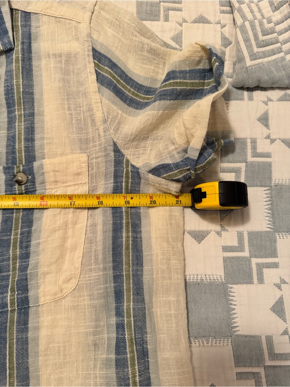 Toad&Co 100% Organic Cotton Cream and Blue Striped Short Sleeve Button-Up Top - Picture 6 of 7